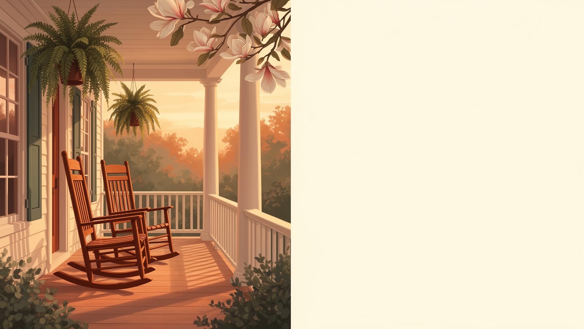 A sunlit southern porch with rocking chairs